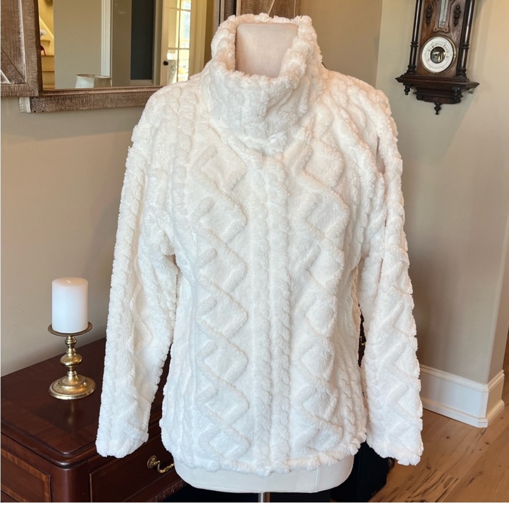 Eddie Bauer So Comfy Blanket Sweater Turtleneck Off White Cable Knit Fleece New